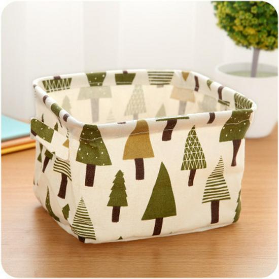 Waterproof Printed Cotton Linen Basket with Handles for Desktop, Sundries, and Small Clothes Storage
