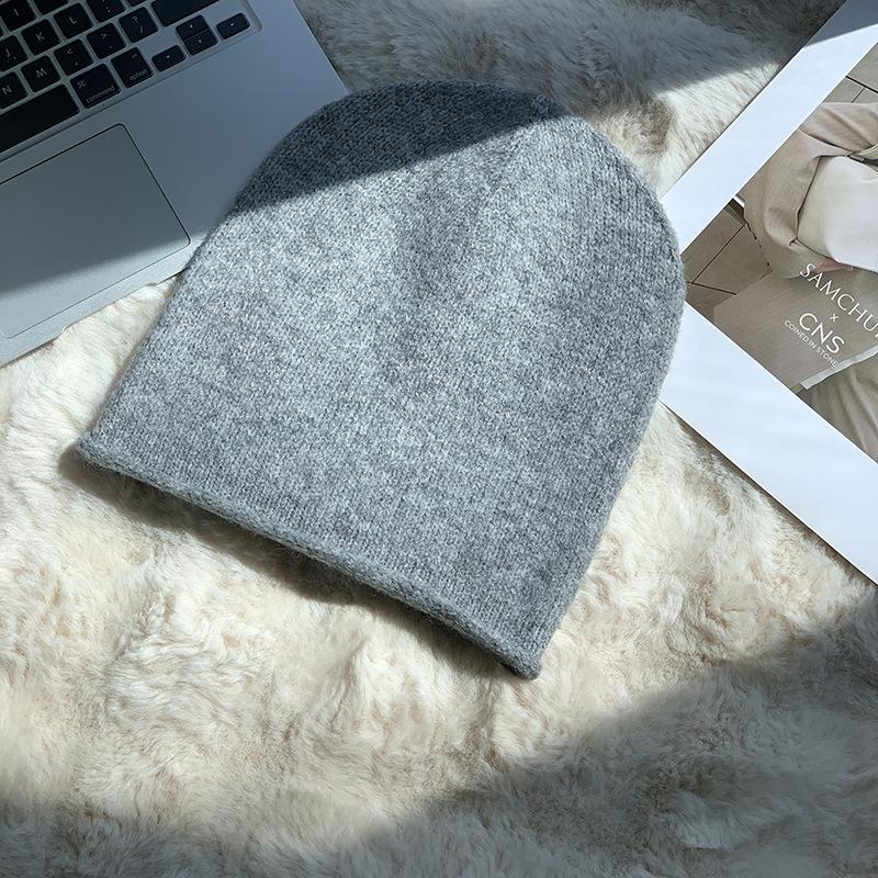 Grey Crimped Knitted Wool Hat Women's Autumn and Winter Face Small Pile Hat Big Head Circumference Ear Protection Warm Pullover Couple Hat