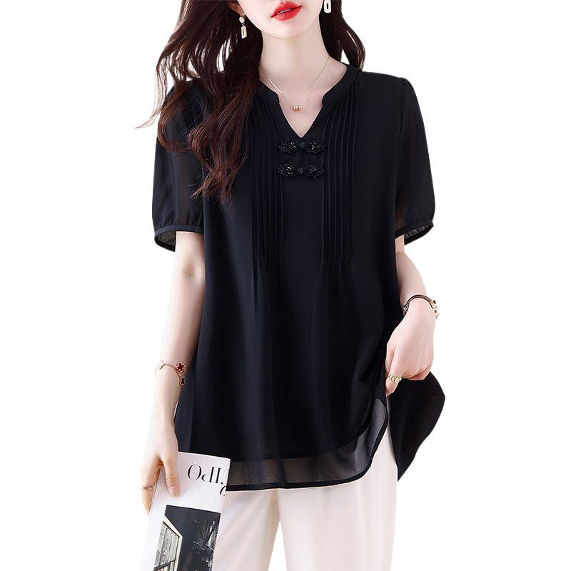 Elegant Plus Size V-Neck Chiffon Shirt - Slimming, Flaw-Hiding, Short-Sleeved, New Chinese Style, Age-Reducing Women's Top 2026