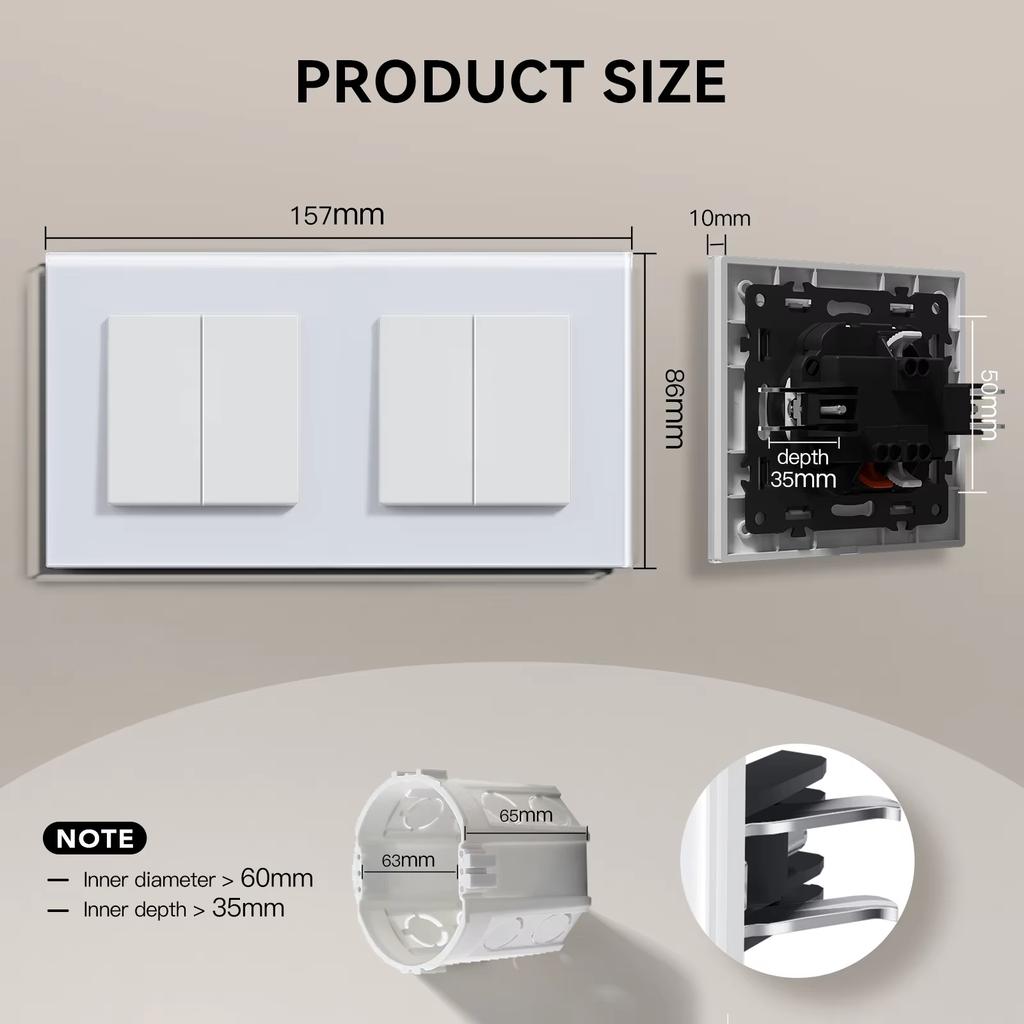 BSEED 1/2Gang Mechanical Button Switch Double Wall Light Switches 1Way Crystal Glass Panel  EU Standard