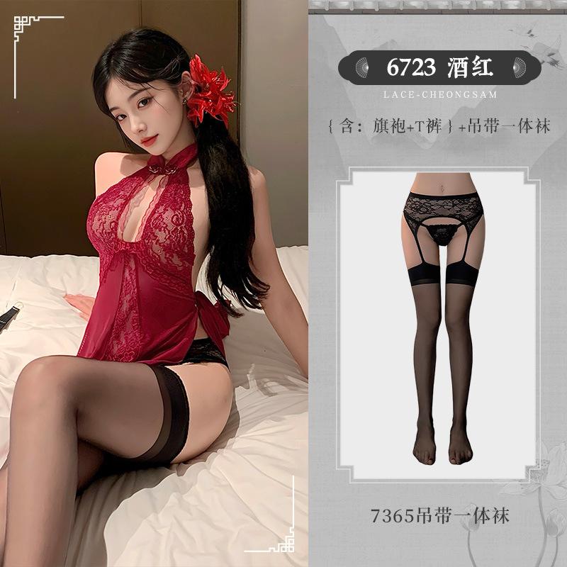 Sexy Lace New Chinese Style Cheongsam Nightdress Side See-through Slit Exposed Buttocks Dress Elegant Fashion Sexy Women P12Q