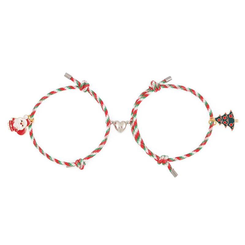 

2 Pcs Christmas Charm Bracelet Xmas Magnet Stretch Strand Bracelets Christmas Tree Snowman Santa Claus Couple Bracelet