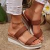 Large size slope heel cool slippers women's wear new round head woven word with casual thick-soled slippers