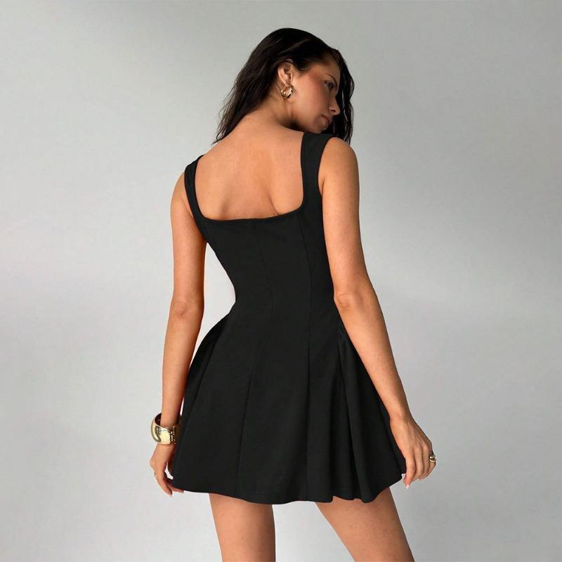 Women Sexy Elegant Square Neck Sleeveless Strappy Slim Fit Mini Dress