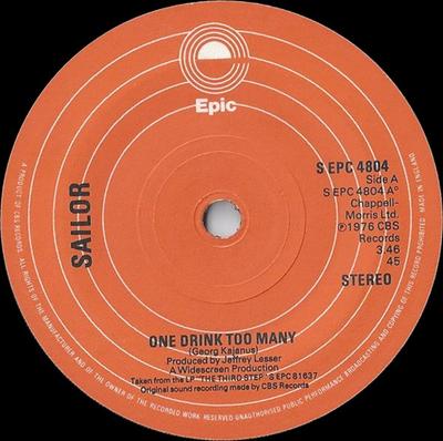 7inch Record SAILOR - One Drink Too Many SEPC4804 Epic 1977 UK Rock Used