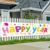 Happy New Year Fence Banner, Colorful Balloon & Ribbon Pattern, Polyester Outdoor Lawn Wall Festival Decoration