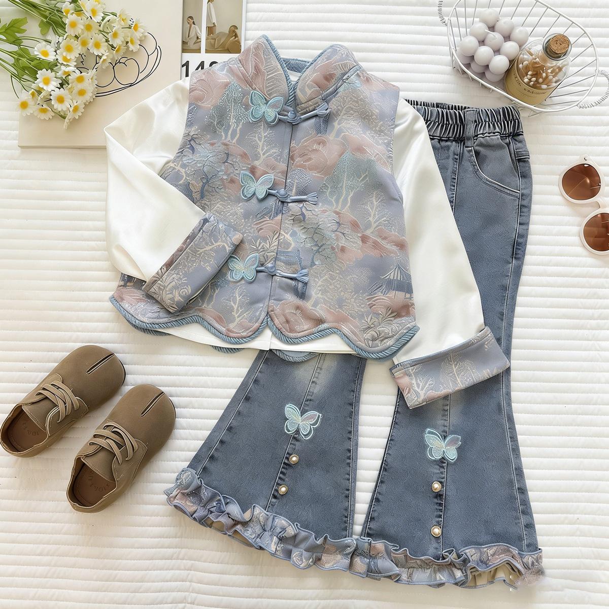 Girls New Chinese Embroidered Vest 3 Piece Set With Base Shirt And Denim Flare Pants 90cm