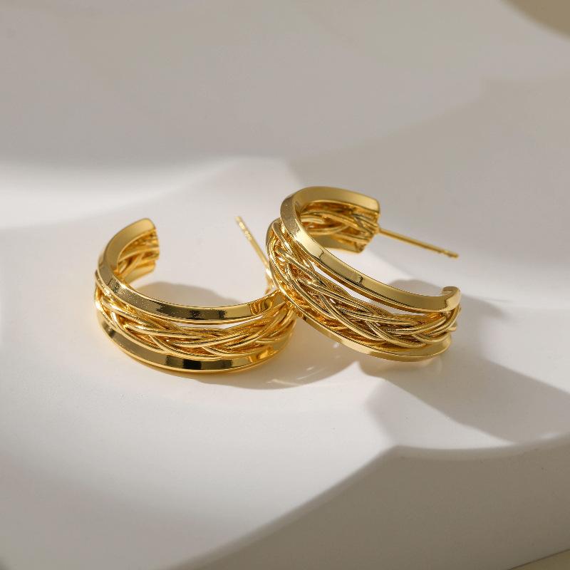 Women 18k Real Gold Plated Brass C Shape Retro Twisted Chunky Stud Earrings