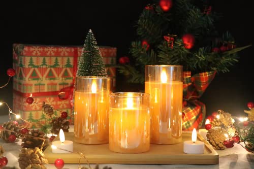 AnnTec LED Candle Light, LED Glass, Gold, 3-Piece Set, Flickers Like a Real Flame, Warm Light, Flameless, Safe, Energy-Saving, with Remote Control, Ad