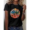 [LOVE & PEACE T-Shirt] Vibrant Floral Women's LOVE & PEACE Graphic T-Shirt | Short Sleeve Crew Neck Casual Top with Peace Symbols