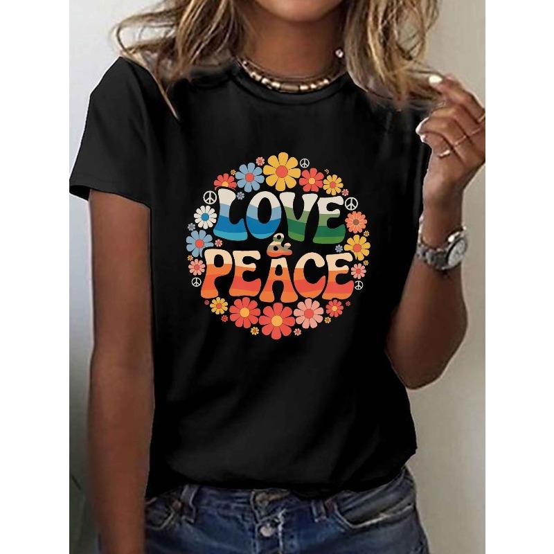 [LOVE & PEACE T-Shirt] Vibrant Floral Women's LOVE & PEACE Graphic T-Shirt | Short Sleeve Crew Neck Casual Top with Peace Symbols