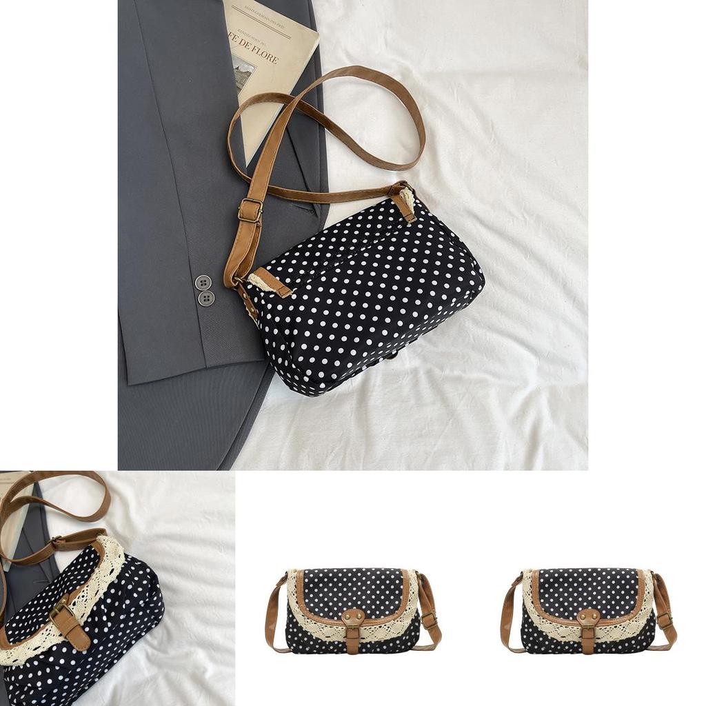 Small Square Polyester Crossbody Bag With Wave Point Design And Lace Decor For Street Fashion