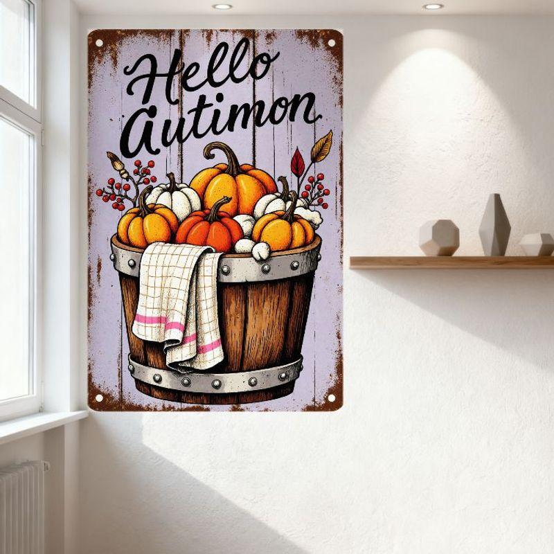 Vintage Hello Autumn Metal Tin Sign with Wooden Barrel Pumpkins Red Berries Cotton Bolls Rustic Fall Home Decor for Café Bar Man