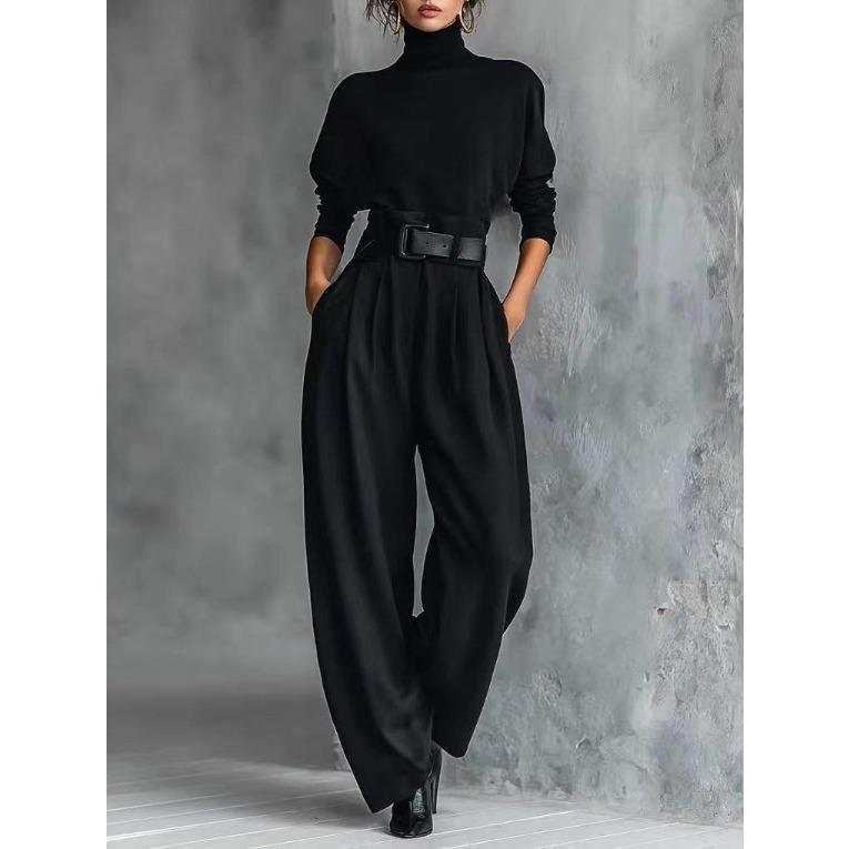 Conjunto de Dos Piezas para Mujer con Cuello Alto, Mangas Largas, Pantalones de Pierna Ancha de Cintura Alta y Cinturón