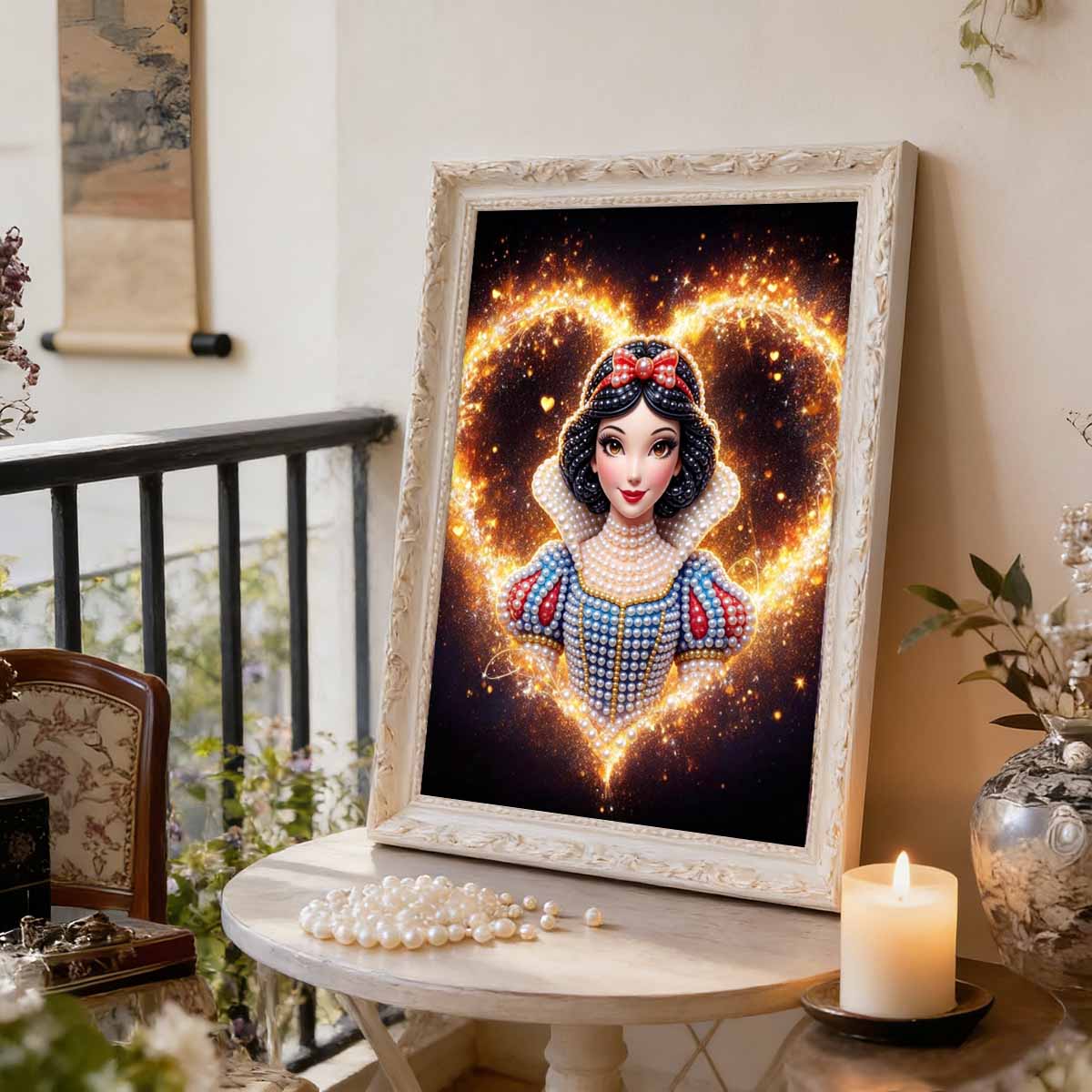

Snow White Love Light Effect Bow Elements Handmade Pearl Inlaid Frameless Craft Painting Light Luxurious Princess Style Decorative Hanging Painting 35x45cm