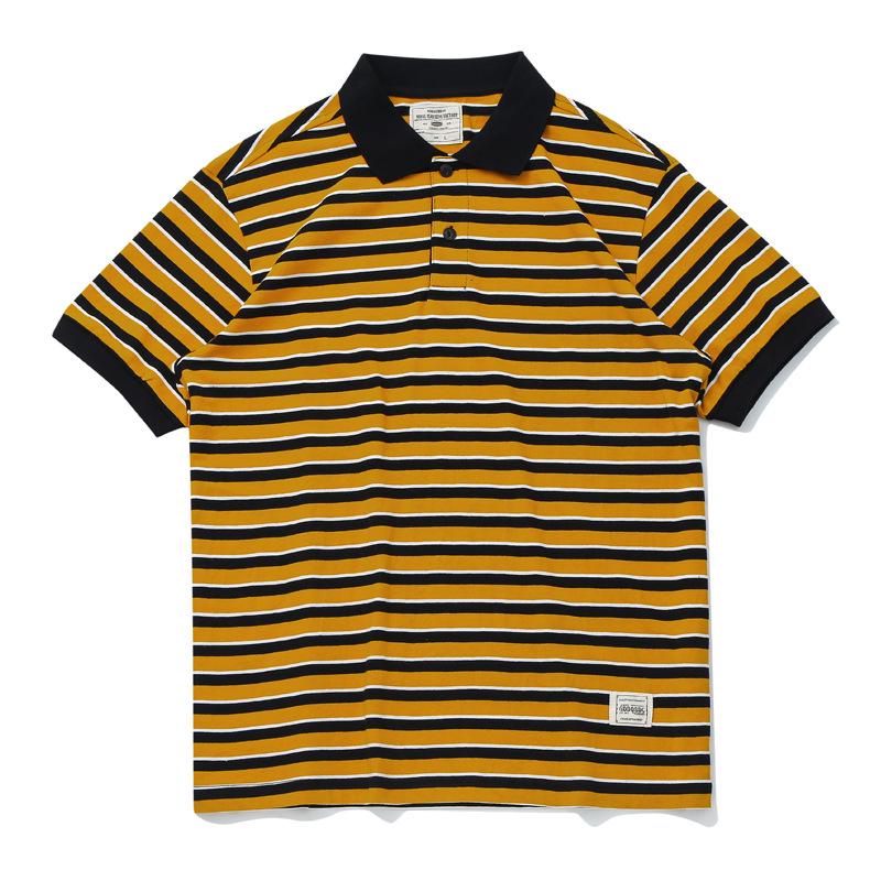 Vintage Sailor Striped Cotton Polo Shirt for Men - Summer Short Sleeve Turn-Down Collar