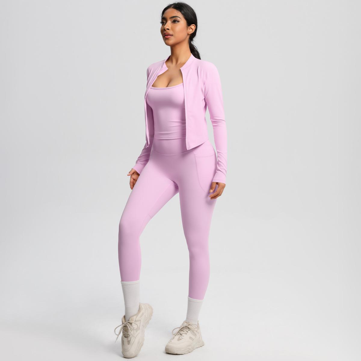 

Комплект для йоги с облегающими леггинсами для отдыха на открытом воздухе с карманом, быстросохнущий, с высокой талией, для похудения, фитнеса, ощущение облака, комплект из трех предметов для женщин XL