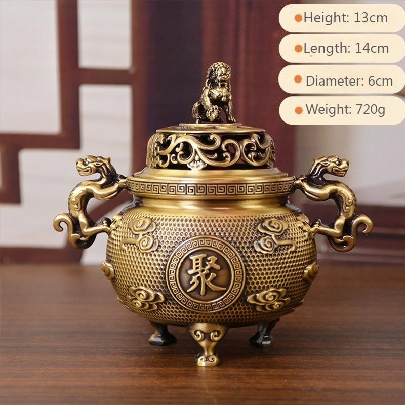 Auspicious Clouds Lions Cornucopia Copper Incense Burner/Three-legged censer Temple Worship Buddha Indoor Desktop Decoration