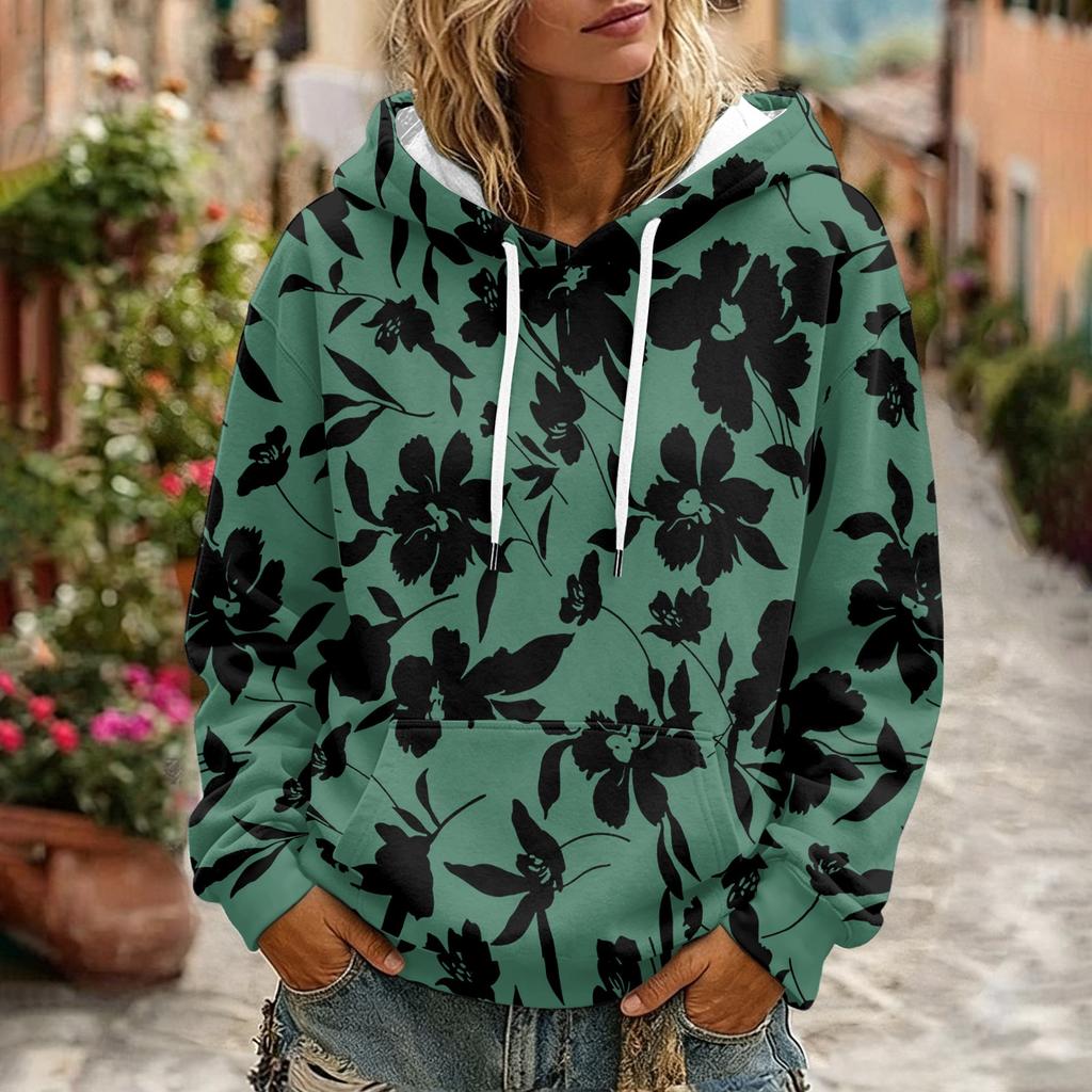 Women's Floral Print Long Sleeve Hoodie with Pocket and Casual Pullover Sweatshirt