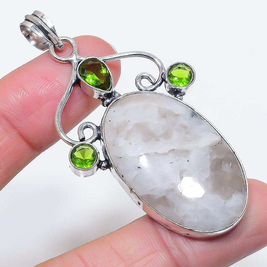 Natural Moonstone, Peridot 925 Sterling Silver Jewelry Pendant 2.64" w9L74