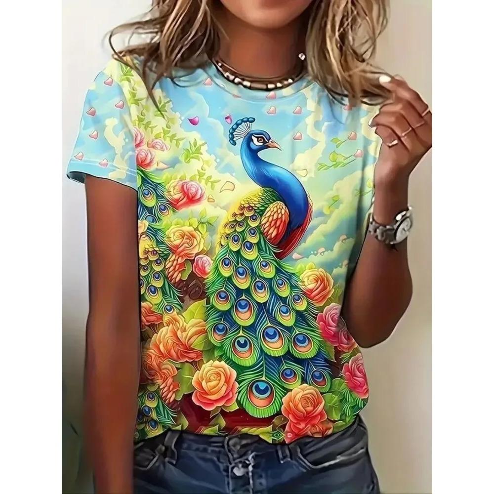 Dames T-shirt 3D Patroon Gedrukt Casual Korte Mouw Ronde Hals Top Modieuze Straat Dameskleding