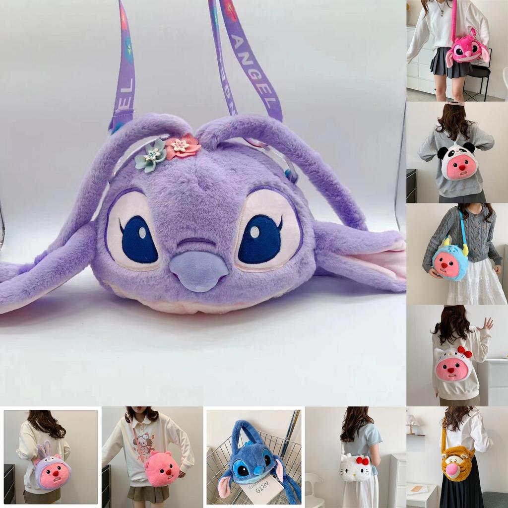 Loopy Hello Kitty Stitch Cartoon Plush Soft Round Bag With Zipper Closure For Daily Use