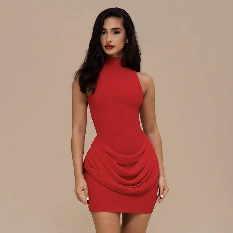 European & American Women's Winter Solid Slim Fit Round Neck Sleeveless Mini Dress