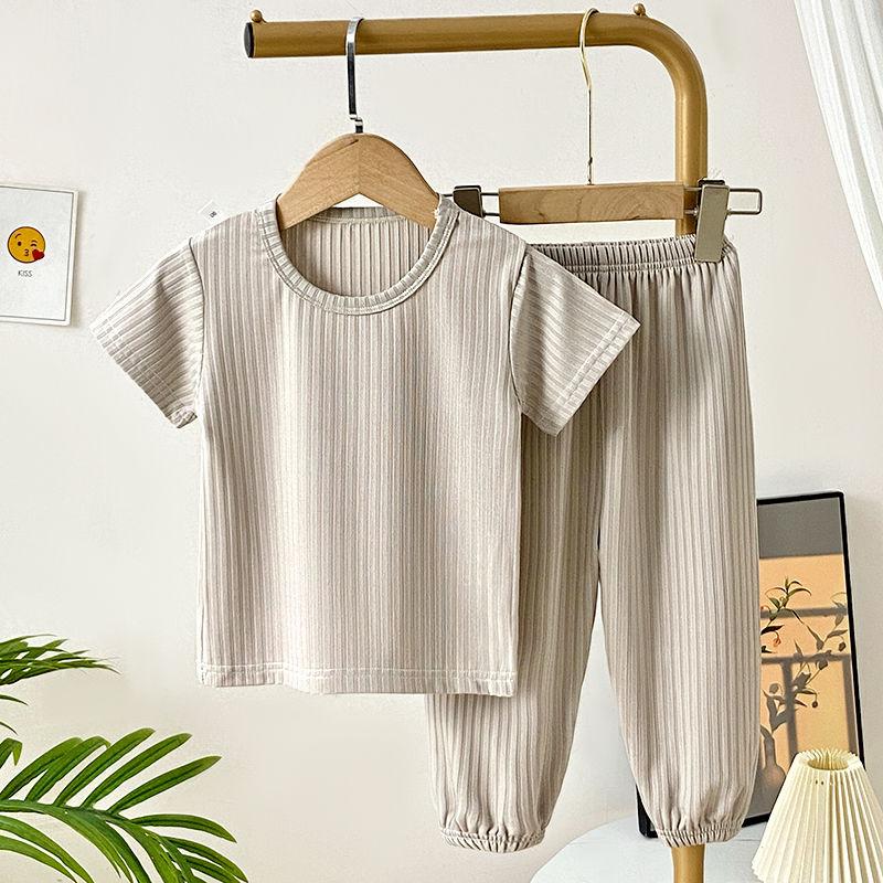 Summer Children's Ice Silk Short Sleeved Set Boys' Thin Home Clothes Baby's Solid Color Leggings, Pajamas
