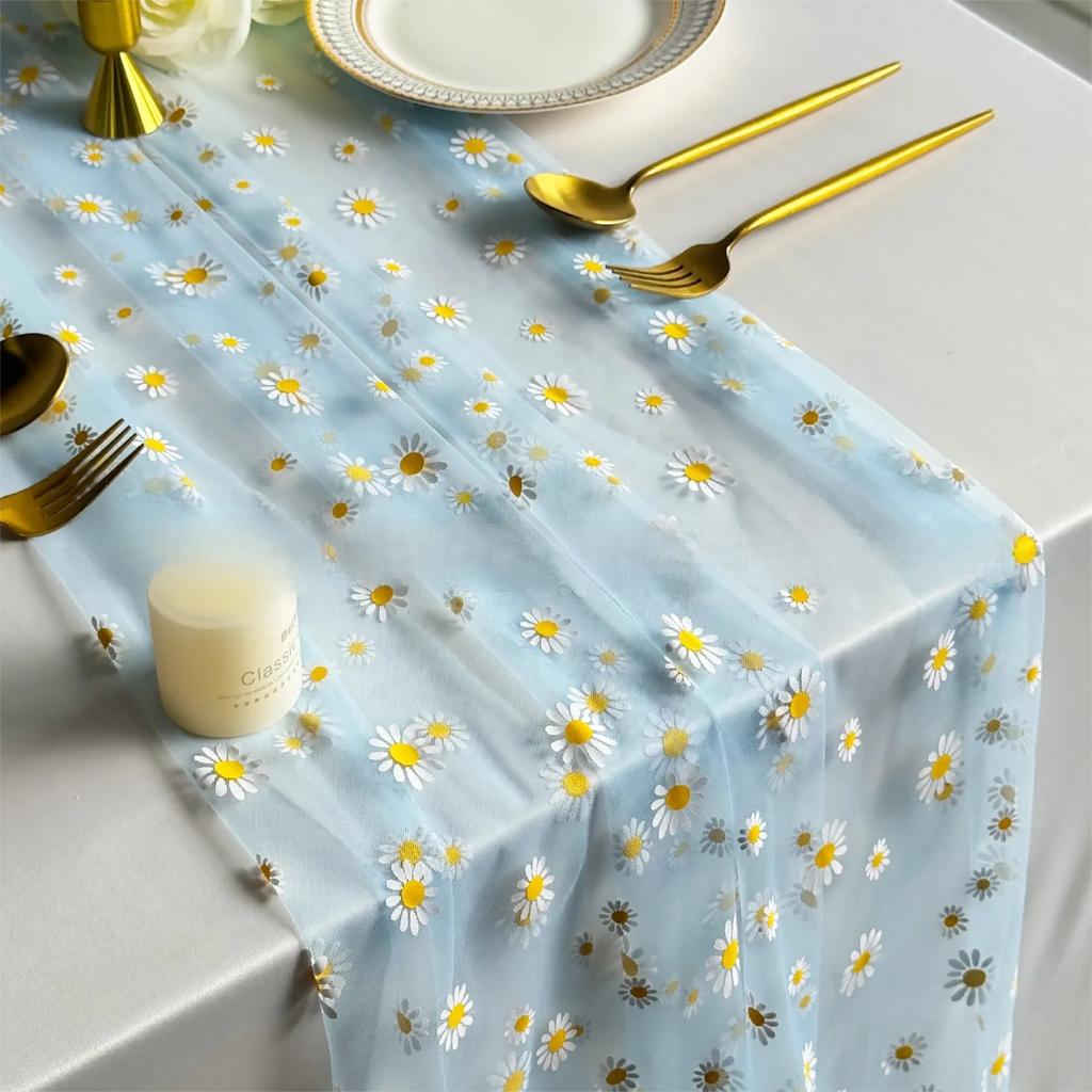 Grüner Gänseblümchen Netz-Gaze Tischläufer, Frischer Stil Durchsichtiger Chiffon-Netz-Blumen Tischdekoration Für Weihnachten Hochzeit Party