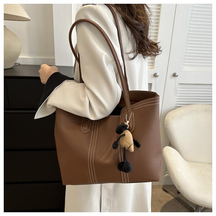 Korean Style Minimalist Bucket Bag Women Faux Leather Tote Shoulder Handbag Large Capacity Commuter Purse