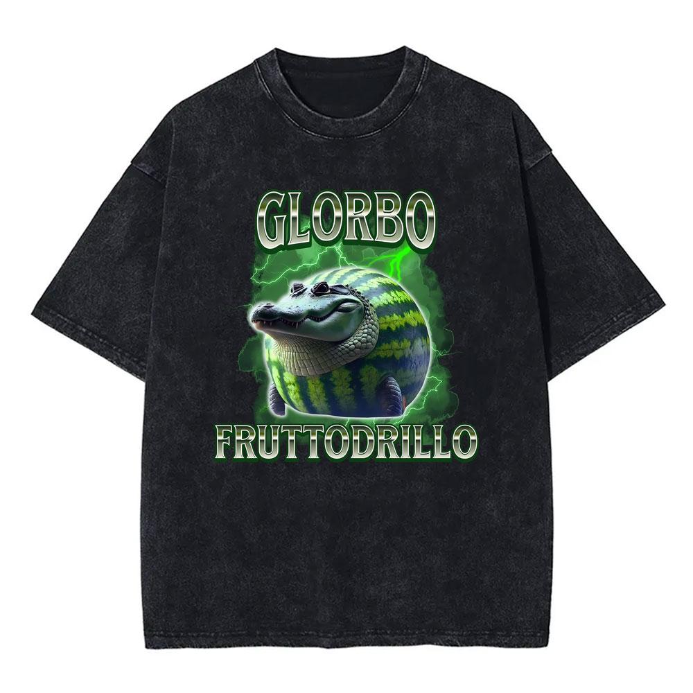 Italian Brainrot Bombardiro Crocodilo Vintage Washed Tshirts Crocodile Plane Bomber Funny Meme Tshirt Man Fashion Streetwear