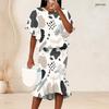 Women Plus Size Round Neck Batwing Sleeve Printed Ruffle Hem Top Fishtail Skirt Two Piece Set