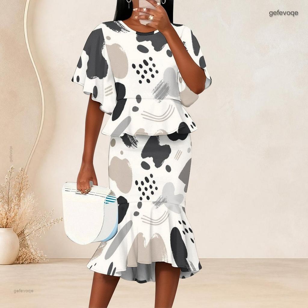 Women Plus Size Round Neck Batwing Sleeve Printed Ruffle Hem Top Fishtail Skirt Two Piece Set