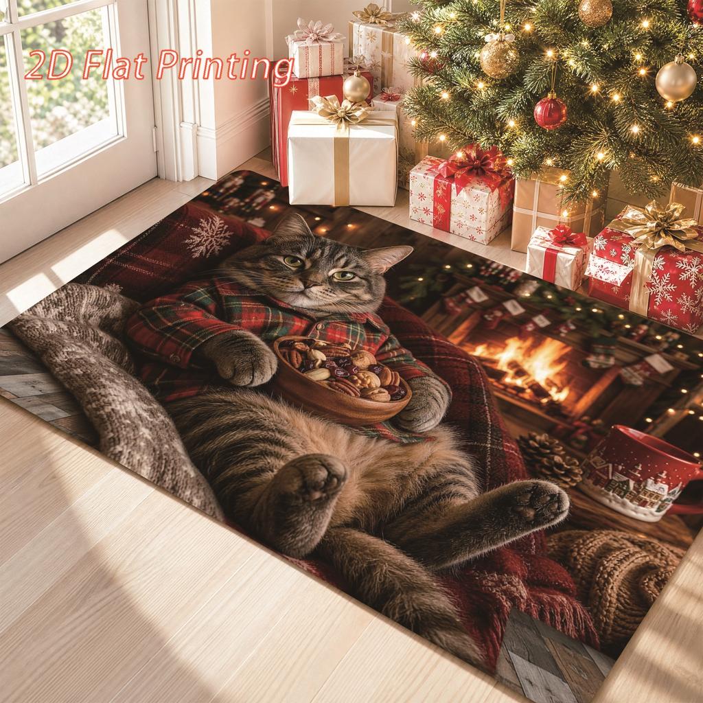 1Pcs Anti Fatigue Kitchen Rugs, Christmas Style Lazy Cat Print Waterproof Non-Slip Thick Cushioned Mat Comfort Standing Mat