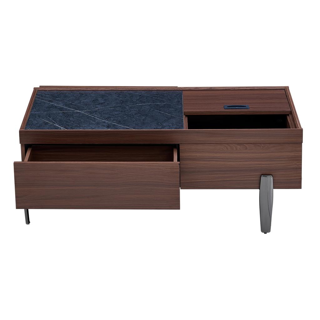 Modern Coffee Table with Drawers & Glass Top – Dark Brown Wood Design, Wood Grain in Marble Look, Metal Legs & Lots of Storage Space for Living Room