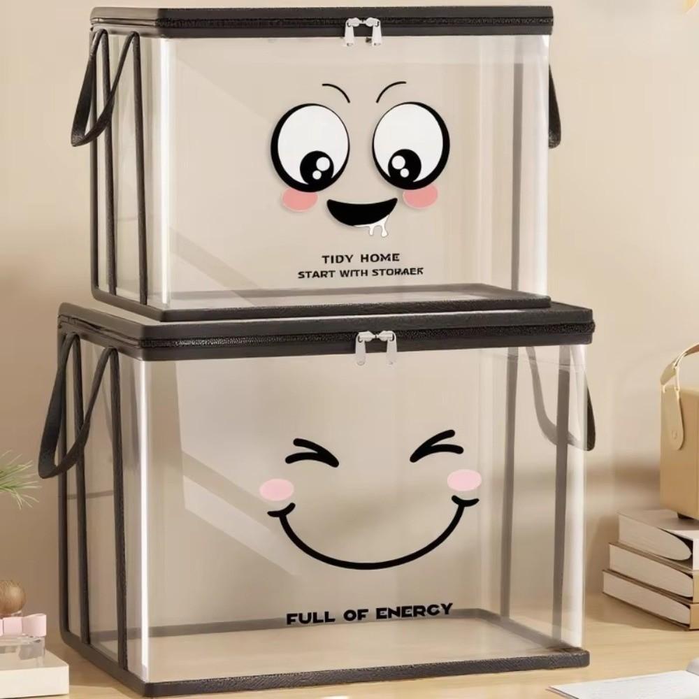 Große quadratische Buchaufbewahrungstasche PVC Transparenter Deckel Design Aufbewahrungsbox Reißverschluss Fröhliches Gesichtsmuster Organizer-Behälter Heimorganisation