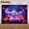 Mocsicka Halloween Backdrop Photography Purple Pumpkin Party Children Photo Backgrounds Dark Forest Lamps Bat Decorations Banner