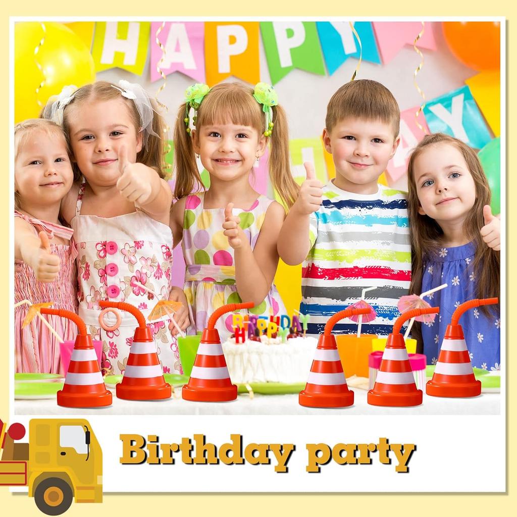 Sawysine 8 Pack Construction Cone Cups with Straws Bulk, Traffic Cones Party Favor 10 Oz Plastic Reusable Kids Race Cups Set for Construction Traffic