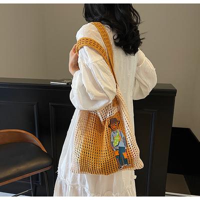 Fashion Tote Big Bag 2025 Spring New Woven Hollow Mesh Pocket Casual Cartoon Fresh Shoulder Bag Bag
