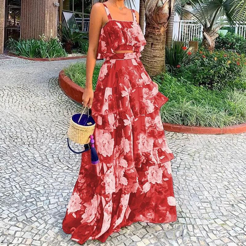 2026 Spring Women's Camisole & Long Cake Skirt Two-Piece Beach Set