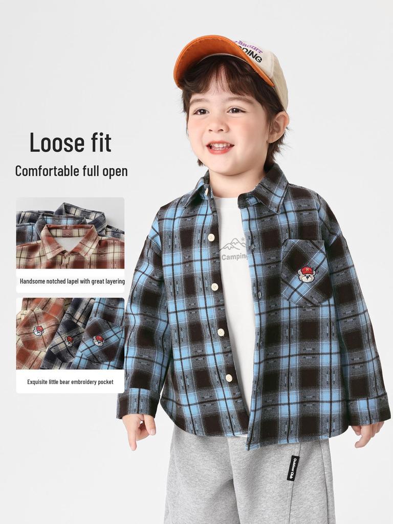 European Boys' Fleece-Lined Plaid Shirt - Autumn/Winter 2025 Kids' Thickened Top