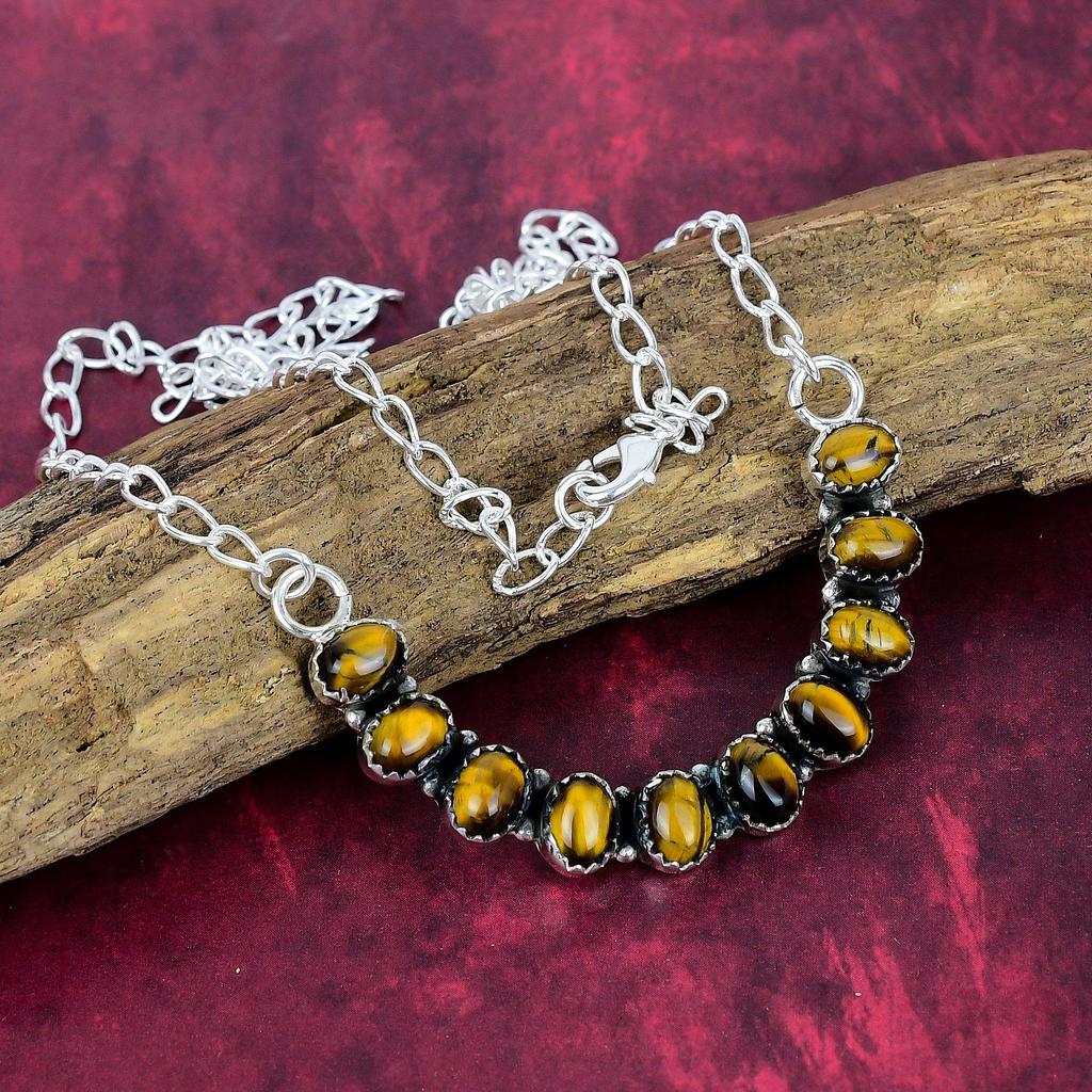 Tiger's Eye Handmade Gemstone Necklace, 925 Solid Sterling Silver Beautiful Necklace Jewelry, Gift for Introverted