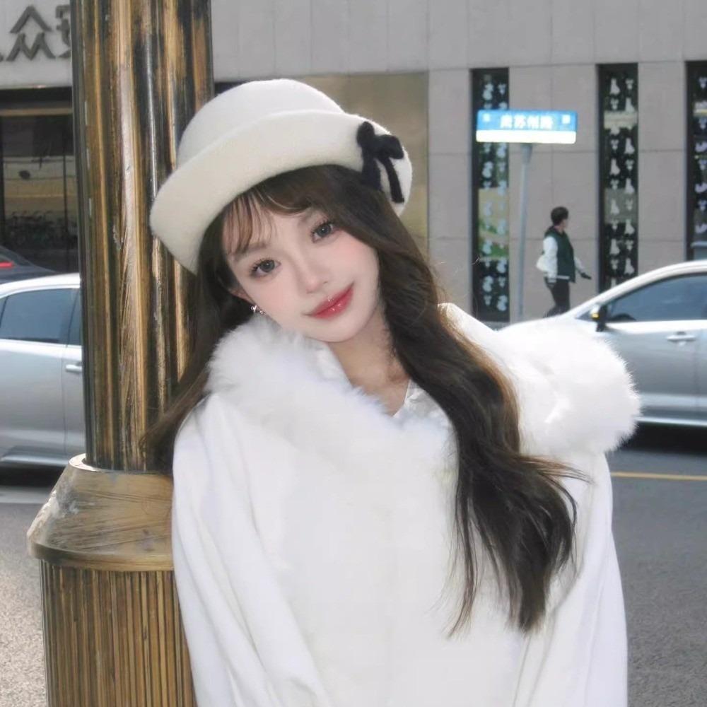 Solid Color Woolen Fishing Cap Korean Style Women Bucket Hat Sweet Bow Bucket Cap Girls