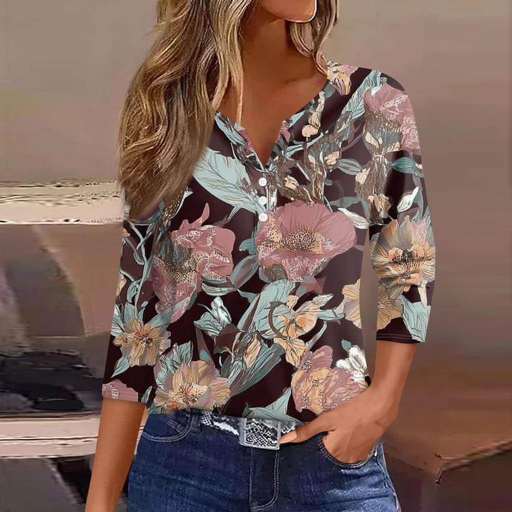 Women's Fashion Casual Floral Print V-Neck Decorative Button Three-quarter Sleeve T-Shirt Top