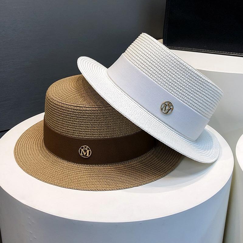 Flat Top Top Hat Women's Summer French Senior Socialite Straw Hat Seaside Vacation Sunshade Sunscreen Straw Encryption Sun Hat