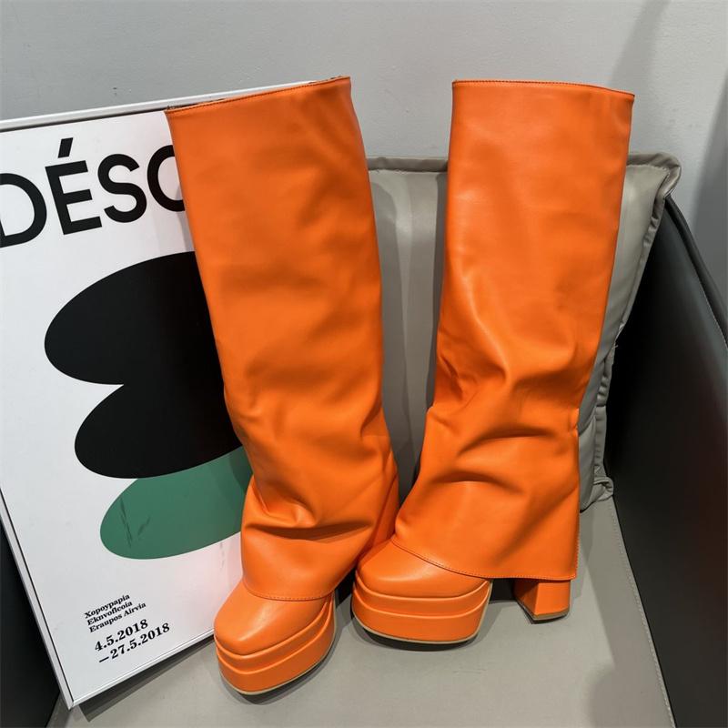 Fashion IPPEUM Orange Boots Platform Knee High Block Heel Shoes Y2k Plataforma Botas Bratz Mujer Hot Pink Fold Over Boots Women