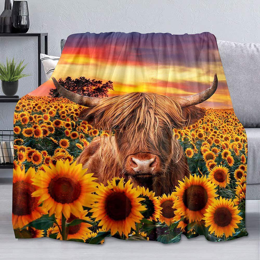 Sunflower Heights Cattle Digital-printed Polyester Bedroom Velvet Flannel Soft Sofa Cover Blanket Fleece Soft Sofa Cover