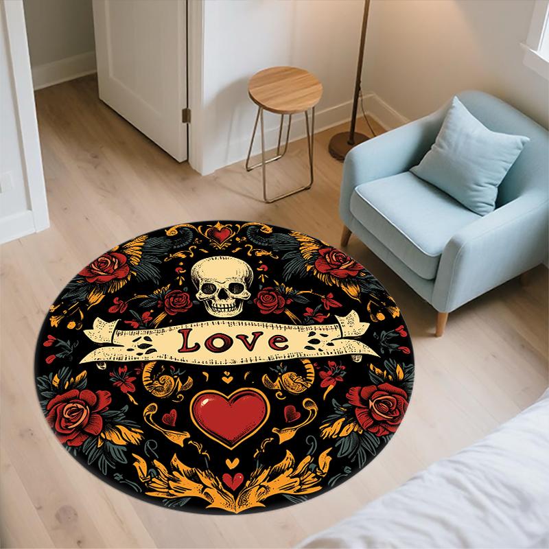 Skull and Rose pattern round rug,Carpet Rug for Living Room Bedroom Sofa Playroom Decor,Non-slip Floor Mat,Holiday Gifts and Birthday Gifts