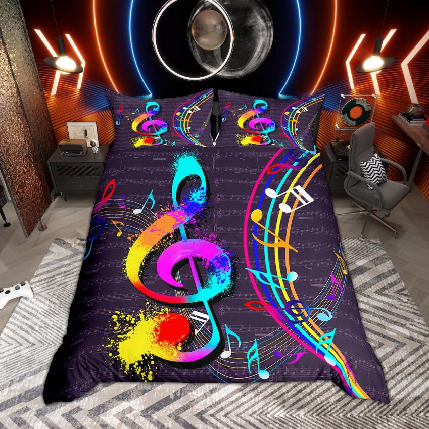 Zestaw poszwy na kołdrę Homewish z motywem muzycznym, Zestaw pościeli z gitarą w stylu hippie, Zestaw poszwy na kołdrę z nutami muzycznymi, Dekoracja sypialni