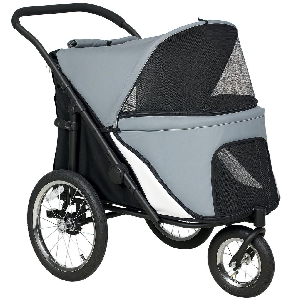 3-Wheel Dog Stroller with Easy Folding, Storage Bag, Soft Cushion, Safety Leash, Grey